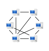 Exemple d'un réseau pair-à-pair: chaque ordinateur télécharge et propose en même temps des ressources (Source: Wikipedia)
