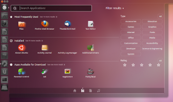 Le Dash d'Unity a été retravaillé pour intégrer des filtres de recherche. Le Dash d'Unity a été retravaillé pour intégrer des filtres de recherche.